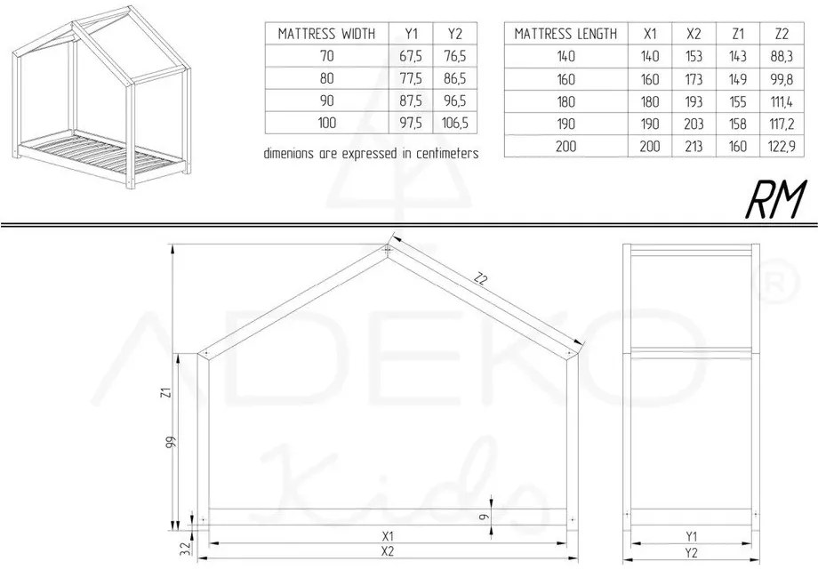 Letto da bambini a forma di casa/estraibile di colore naturale con contenitore con rete inclusa 120x200 cm RM – Adeko