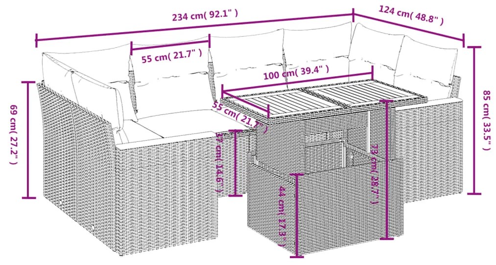 Set divani da giardino con cuscini 7pz nero polyrattan