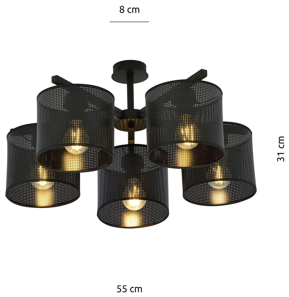 Plafoniera Industrial 5 Luci Cigno In Acciaio Nero E Paralumi A Cilindro