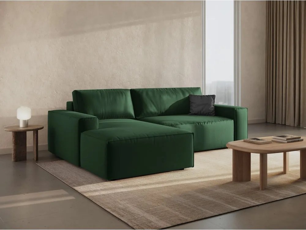 Divano angolare verde scuro allungabile/con contenitore (con penisola a sinistra/con chaise lounge) con rivestimento in velluto Jodie – Micadoni