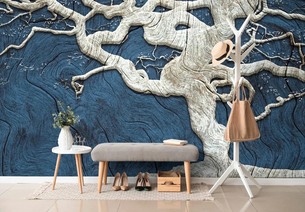 Carta da parati – Albero Astratto su Legno con Contrasto Blu
