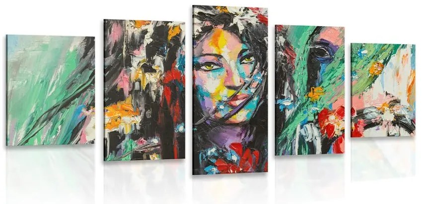 Quadri 5 pezzi – Pittura a olio donna e cavallo