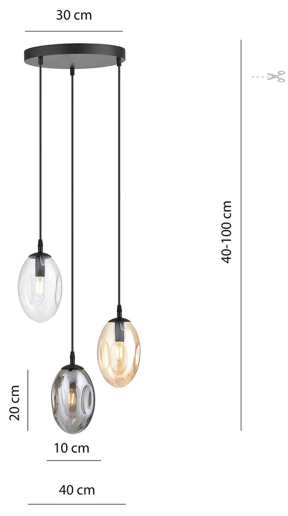 Sospensione Minimal 3 Luci Atalanta Acciaio Nero E Vetro Ambra, Fumè E Trasparente