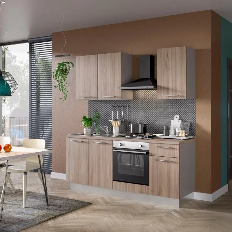 Cucina montata Flora con elettrodomestici noce L 195 cm, SX