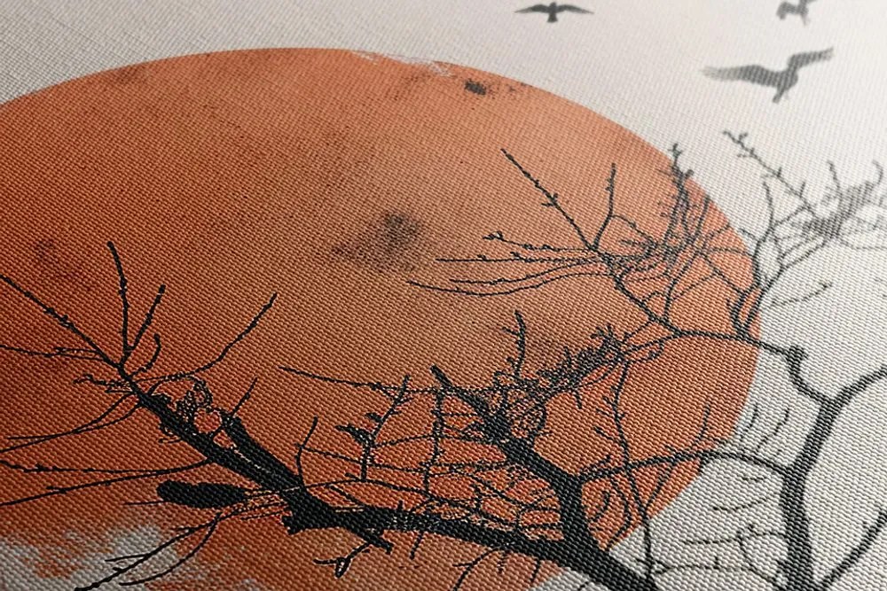 Quadro su tela – Japandi luna con stormo di uccelli