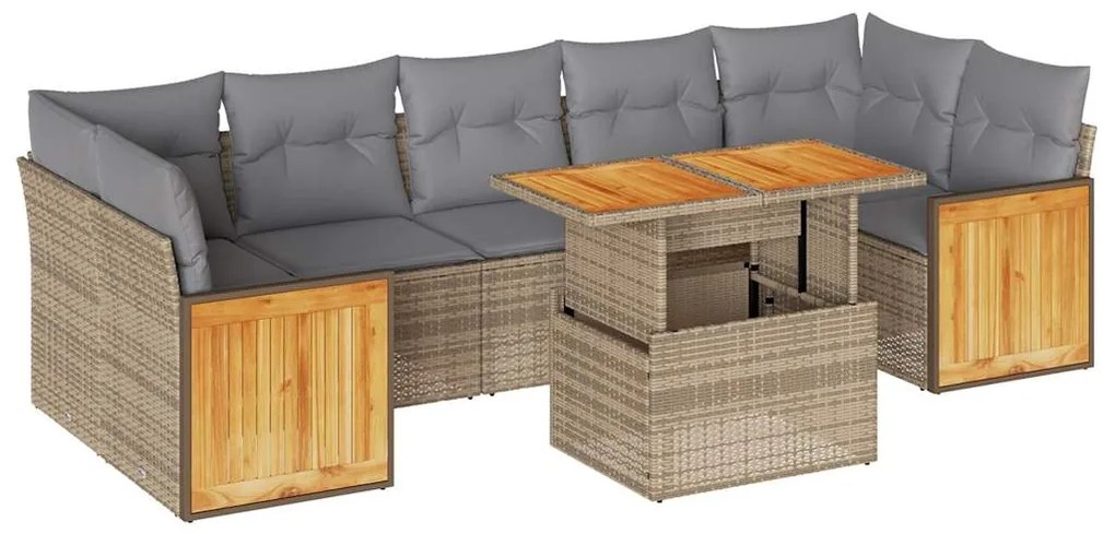 Set divano da giardino 8 pz con cuscini beige polyrattan acacia