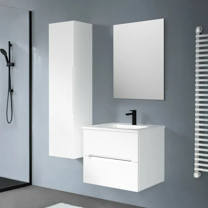 Mobile bagno sospeso 60 bianco cannettato 2 cassetti lavabo e specchio Rigo