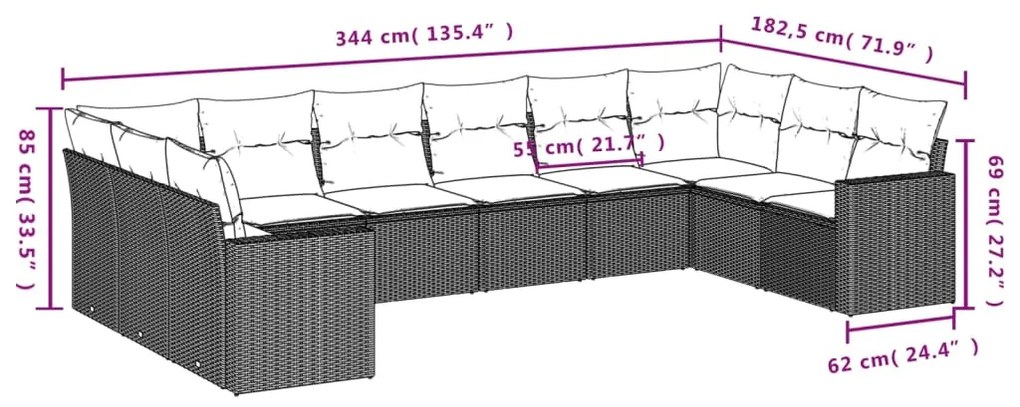 Set divani da giardino 10pz con cuscini in polyrattan nero