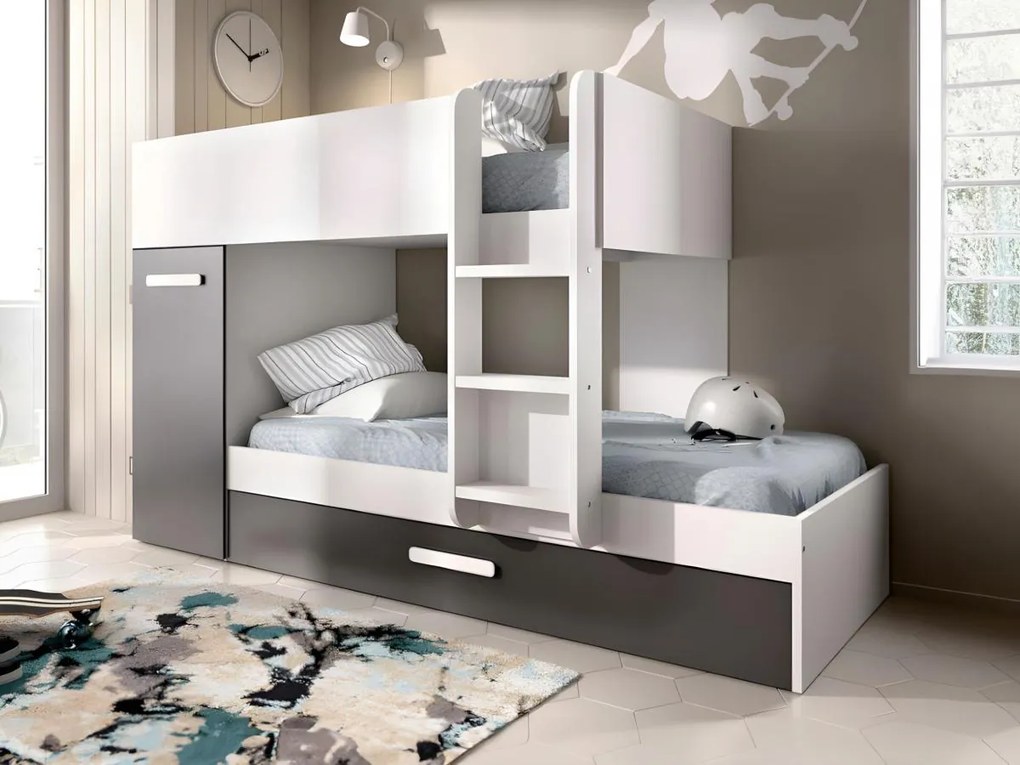 Letto a castello con cassetto letto a scomparsa e contenitori 3 x 90 x 190 cm Antracite e Bianco - ANTHONY