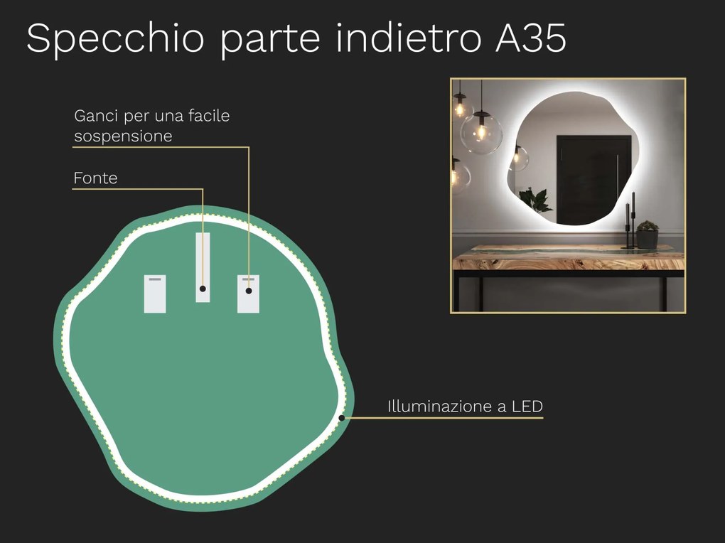 Specchio organico LED con illuminazione A35 45x46