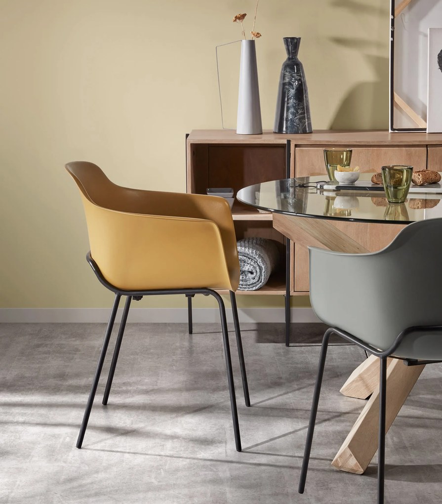 Kave Home - Tavolo rotondo Lotus in vetro e gambe in legno massello di rovere Ã˜ 120 cm