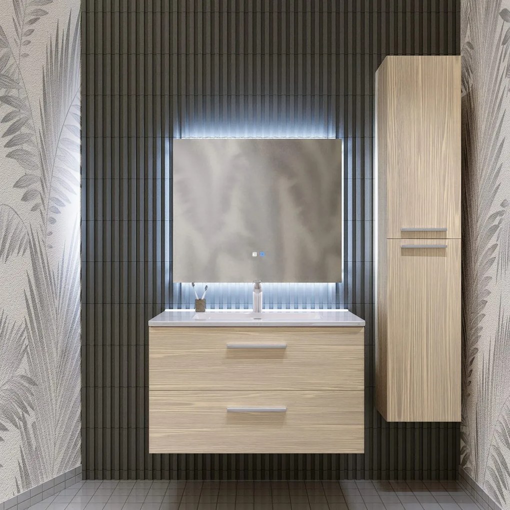 Mobile bagno sospeso da 120 cm rovere chiaro con lavabo e colonna Linda 8220