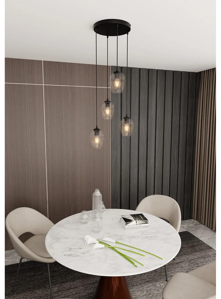 Lampadario 4 Luci Fuxi Base Tonda In Acciaio Nero E Vetri Trasparente