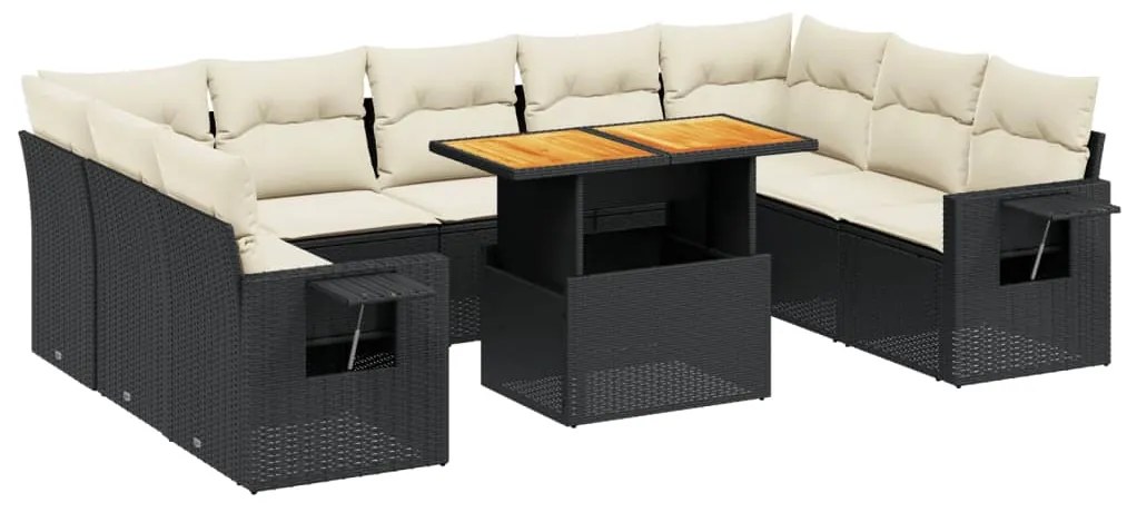 Set divani da giardino 10pz con cuscini in polyrattan nero