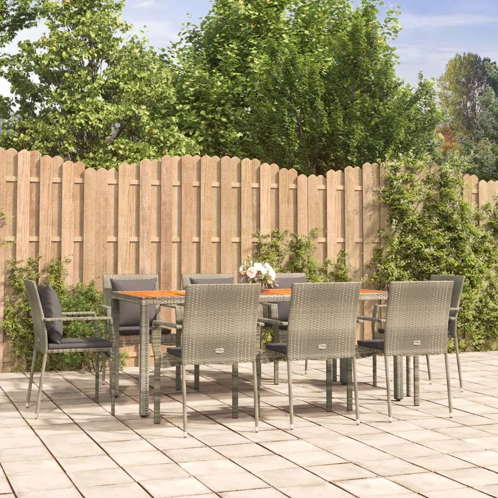 Set Da Pranzo Da Giardino 9 Pz Con Cuscini İn Polyrattan Grigio /