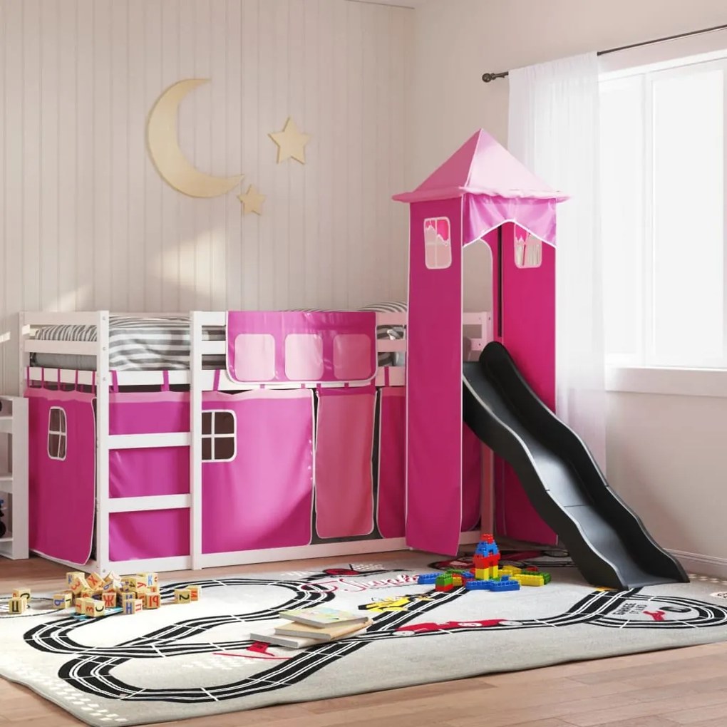 Letto A Castello Con Scivolo E Tende Rosa 90x200 Cm /