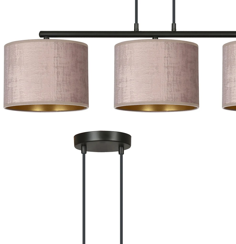 Lampadario 3 Luci Ganesha In Acciaio Nero E Paralumi In Tessuto Rosa