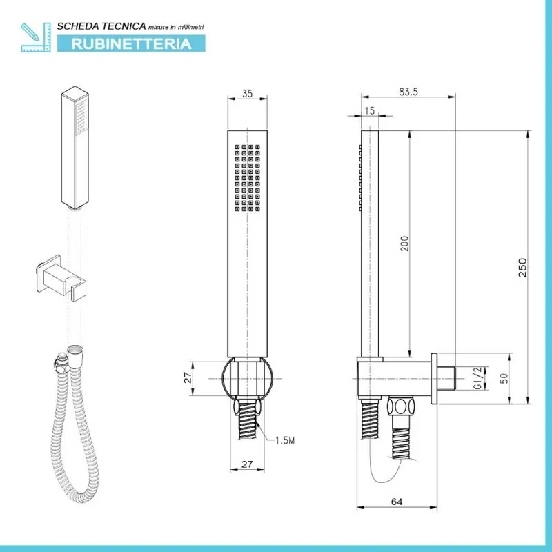Set doccia Italia in ottone con soffione a sbalzo getto a cascata e miscelatore 3 vie
