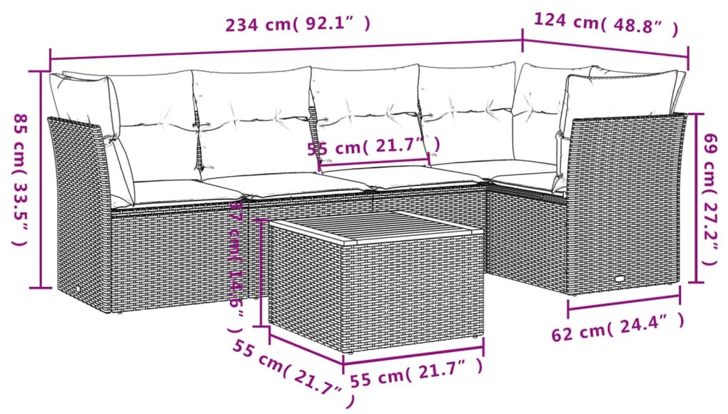 Set Divano da Giardino 6 pz con Cuscini Grigio in Polyrattan