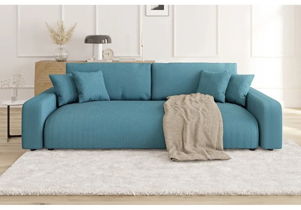 Divano turchese allungabile/con contenitore con rivestimento in velluto a coste 234 cm Sara – Ropez