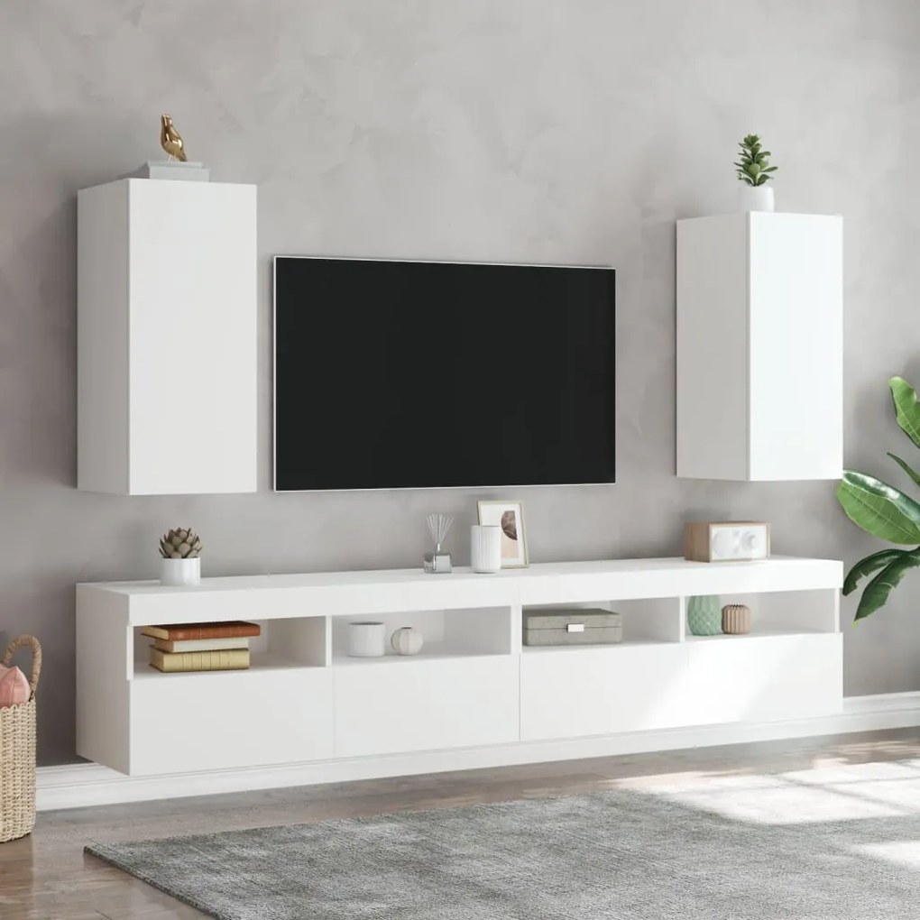 Mobili tv a parete con luci led 2pz bianchi 30,5x35x70 cm