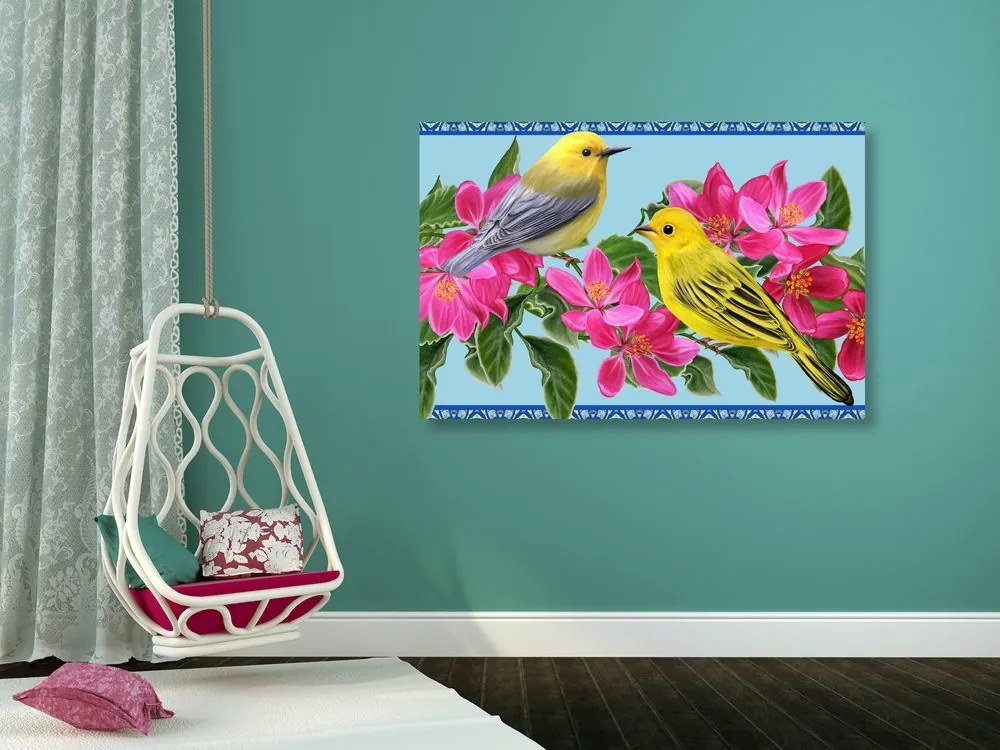 Quadro su tela – Uccellini e fiori in versione vintage