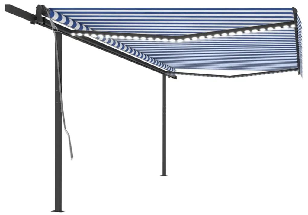 Tenda da Sole Retrattile Manuale con LED 5x3 m Blu e Bianca