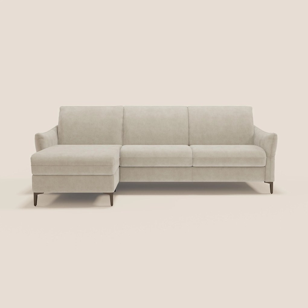 Dalia divano letto angolare con materasso alto 18 cm piedini alti e penisola contenitore in tessuto smacchiabile T17 panna