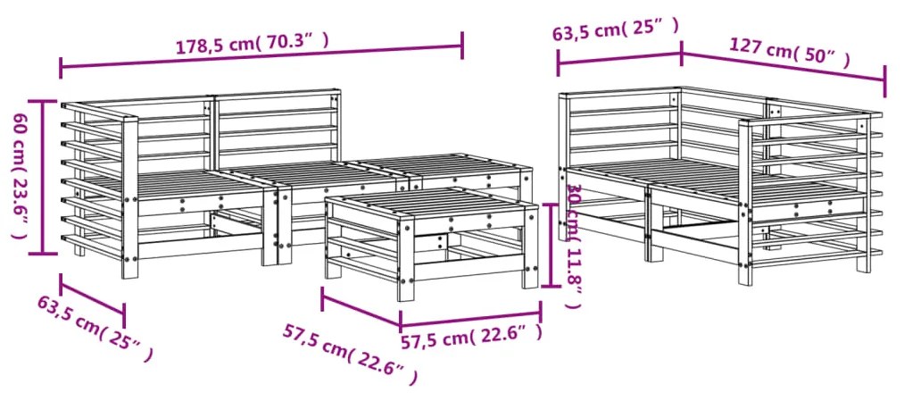 Set Salotto da Giardino 6 pz Nero in Legno Massello di Pino