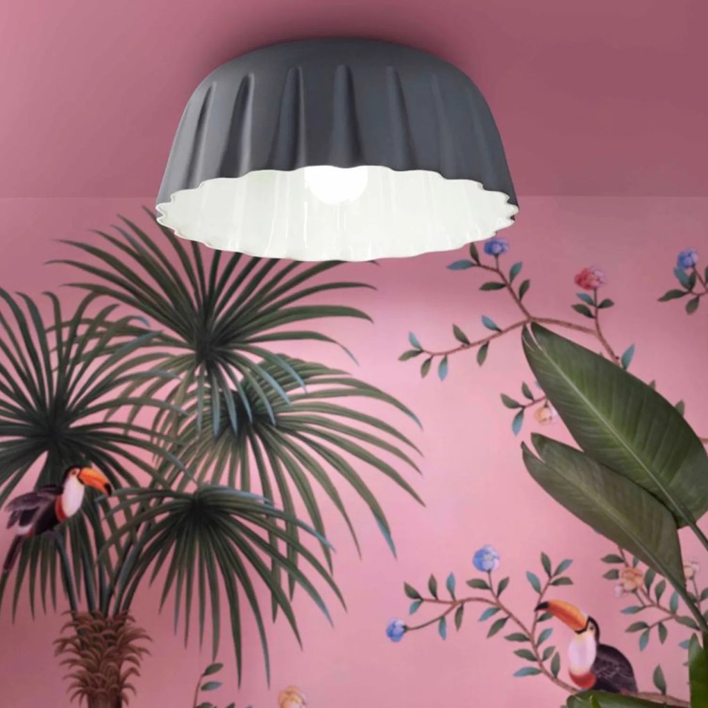 Plafoniera Grande Vintage Decò Madame Gres Ceramica Grigio Tele 1 Luce E27