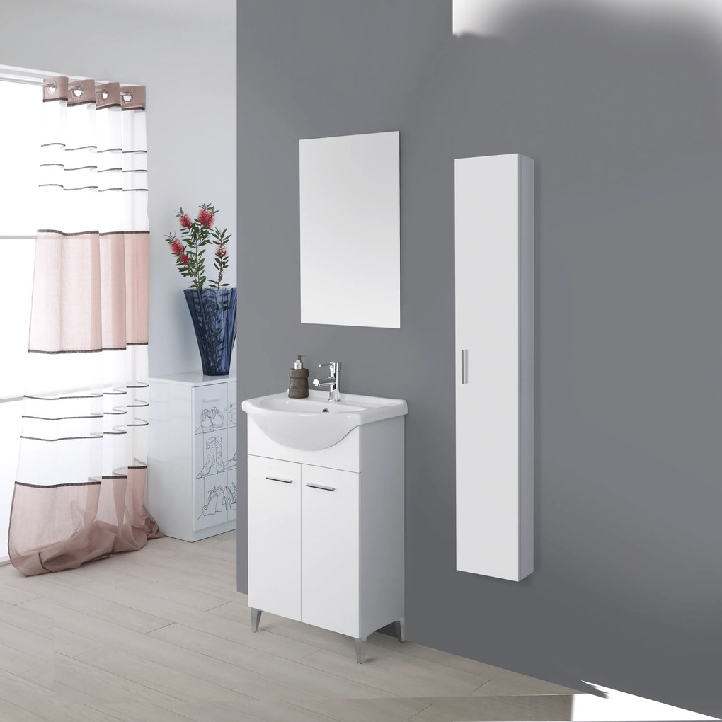 Mobile Bagno a Terra 55 Cm Due Ante Specchio 48x73 Cm Feridras "Stella" Bianco Lucido