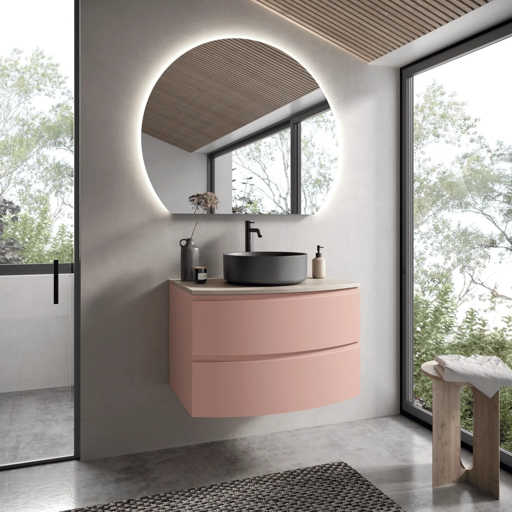 Mobile Bagno Sospeso Curvo 80 Cm Due Cassetti Specchio Retroilluminato 110x93 Cm Savini "Sfera"