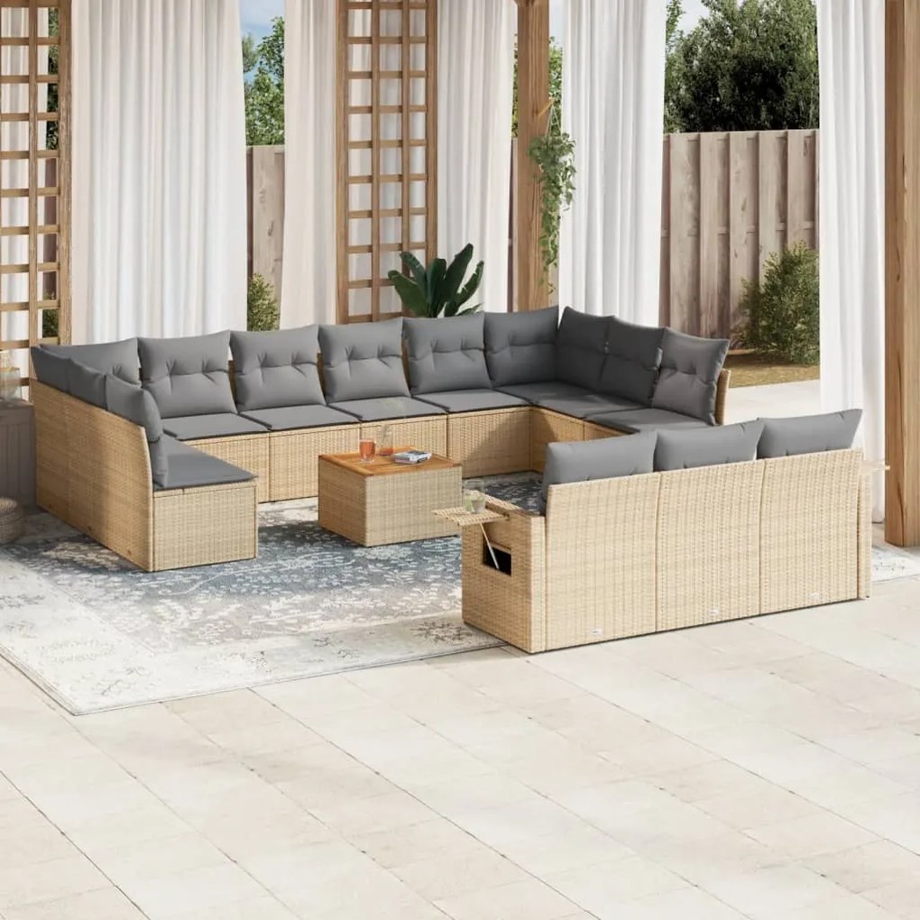 Set divani da giardino 14pz con cuscini in polyrattan beige