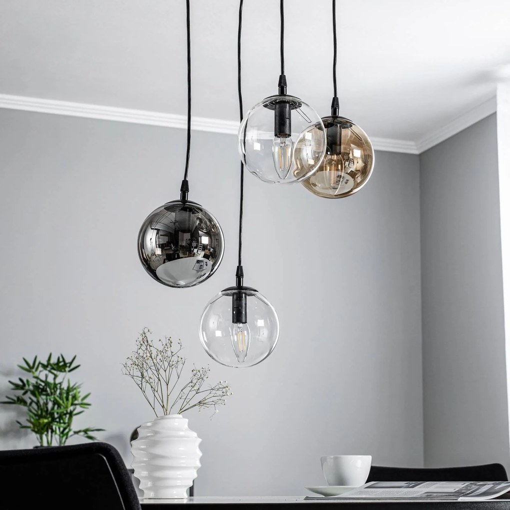 EMIBIG LIGHTING Lampada a sospensione Glassy, a 4 luci, nero, grafite/ambra/trasparente, E14
