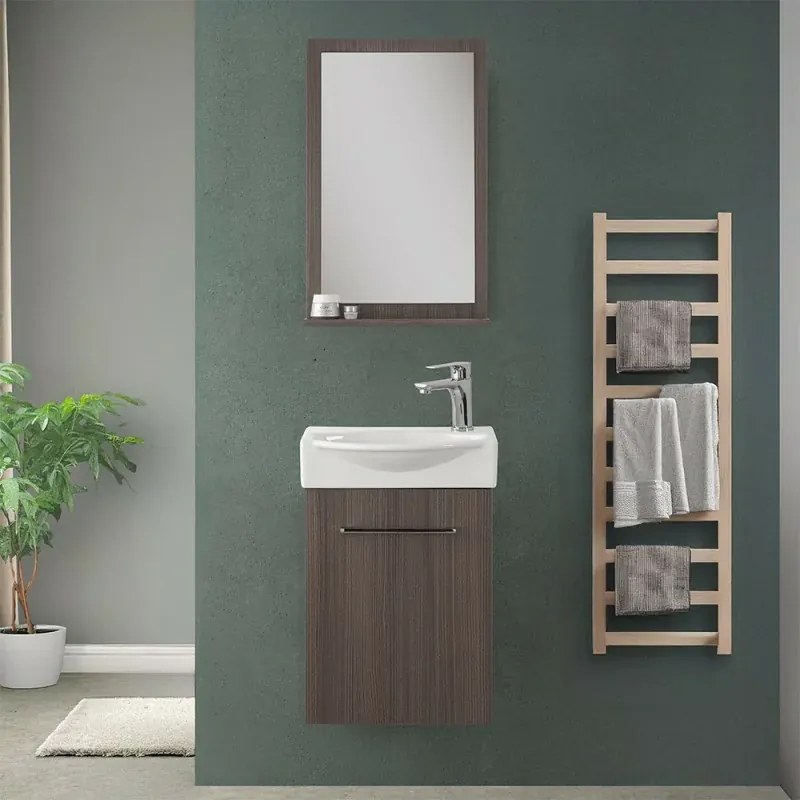 Mobiletto bagno sospeso 39 cm mini salvaspazio rovere scuro 1 anta Elys