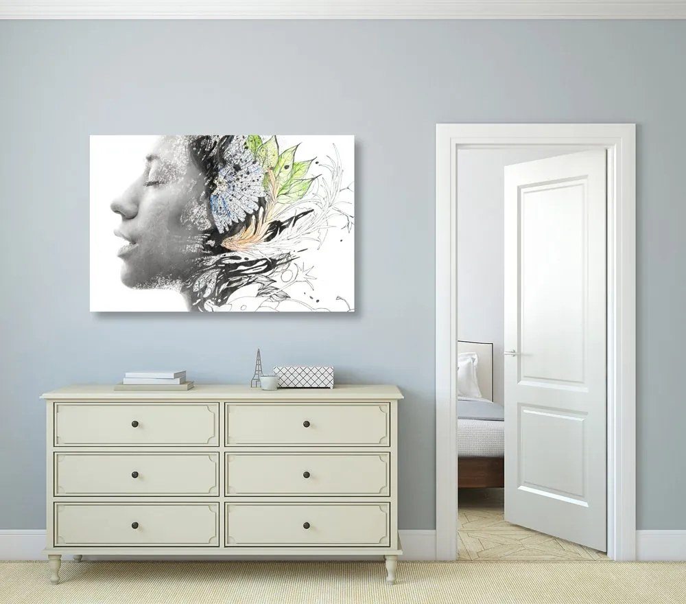 Quadro su tela – Donna con fiori dipinti