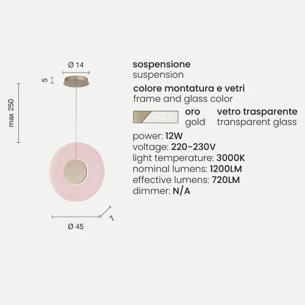 Lampada a sospensione LED CANDY 45 cm in metallo Oro e vetro graniglia Trasparente