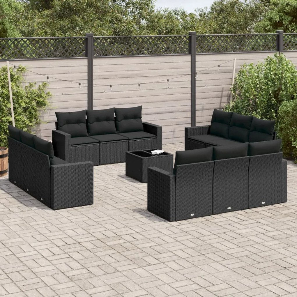 Set divani da giardino 13pz con cuscini nero in polyrattan