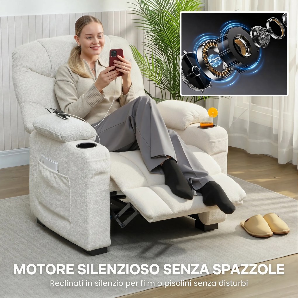 Poltrona Relax Elettrica 94x90x105 cm Reclinabile 150° con Poggiapiedi Funzione Memory Telecomando in Velluto Crema...