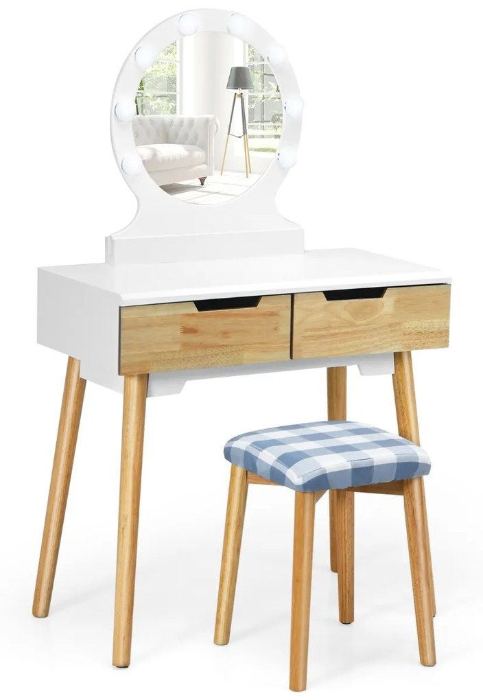 Costway Set tavolo trucco e toeletta con specchio rotondo e 8 lampadine LED, Toeletta con sgabello imbottito, Naturale