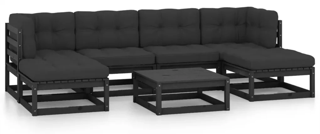 Set divani da giardino 7 pz con cuscini in pino massello nero