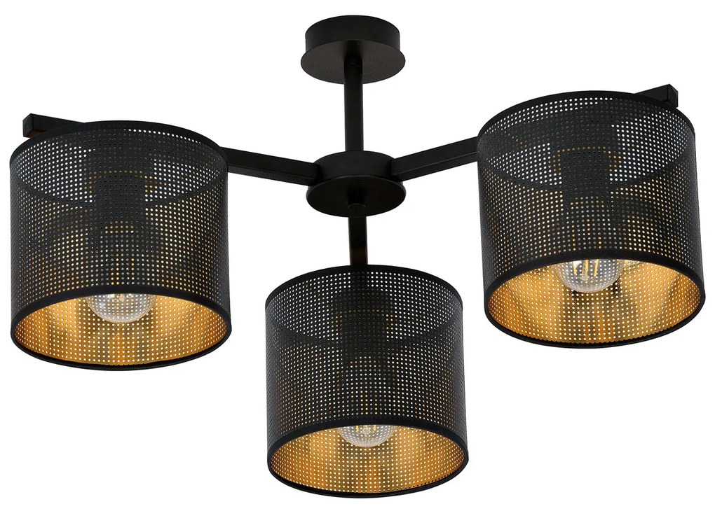 Plafoniera Industrial 3 Luci Cigno In Acciaio Nero E Paralumi A Cilindro Oro
