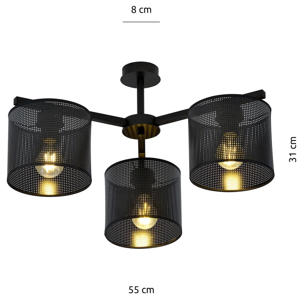 Plafoniera Industrial 3 Luci Cigno In Acciaio Nero E Paralumi A Cilindro
