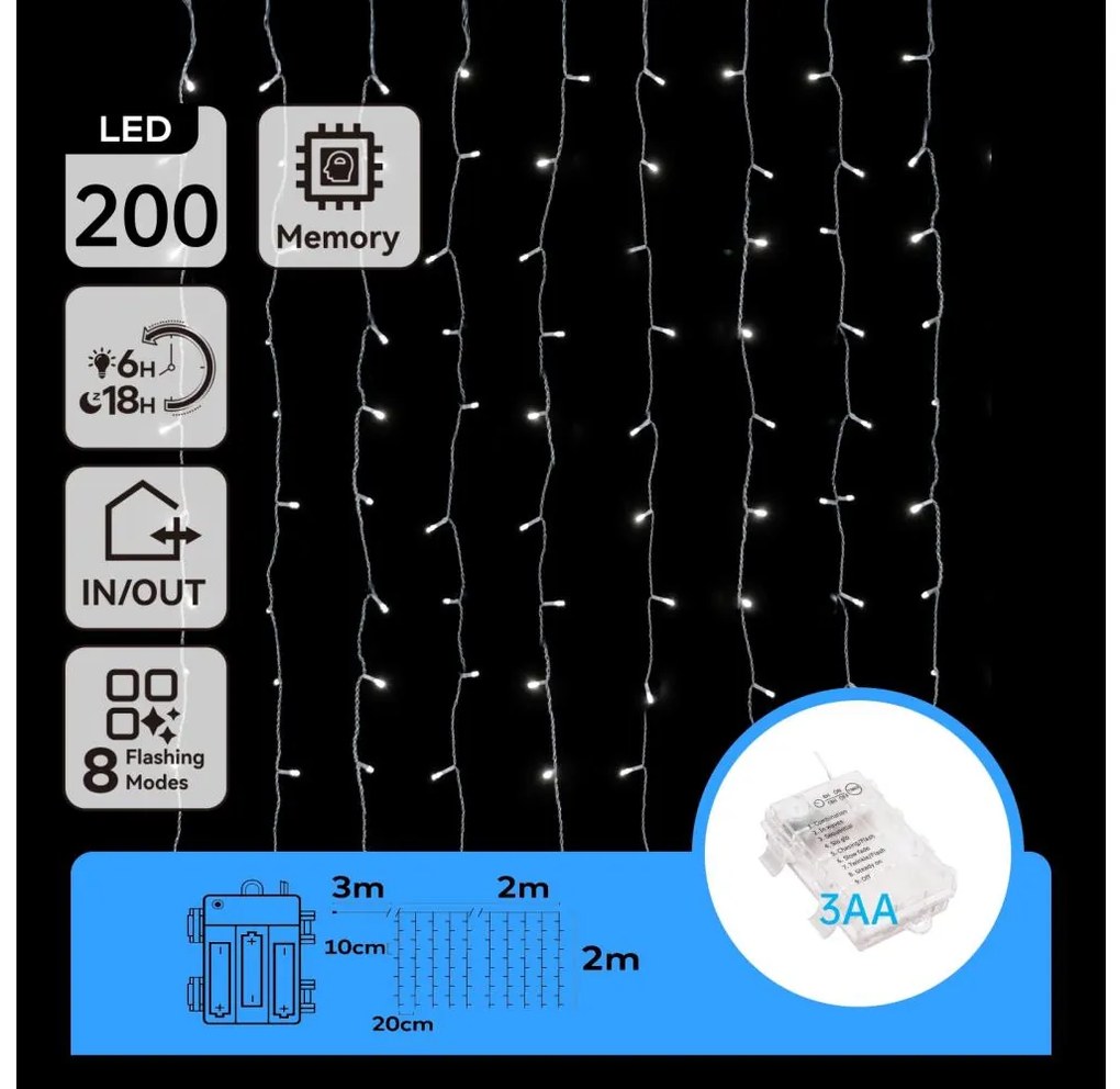 Aigostar-Catena LED natalizia da esterno 200xLED/8 funzioni 3xAA 5x2m IP44 bianco freddo