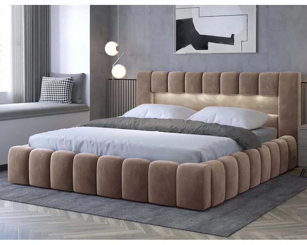 Letto matrimoniale imbottito marrone chiaro con contenitore con rete inclusa 160x200 cm Lamica – ELTAP
