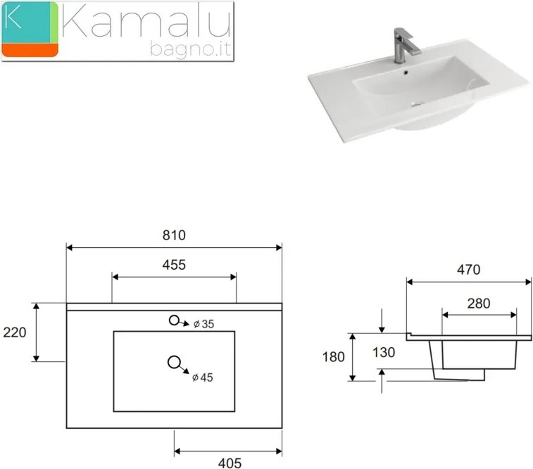 Mobile bagno sospeso 80cm con lavabo incasso e due cassetti EL-80L - KAMALU