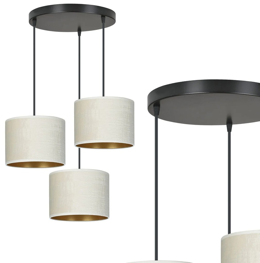 Lampadario Tondo 3 Luci Hilde In Acciaio Nero E Paralumi In Tessuto Beige