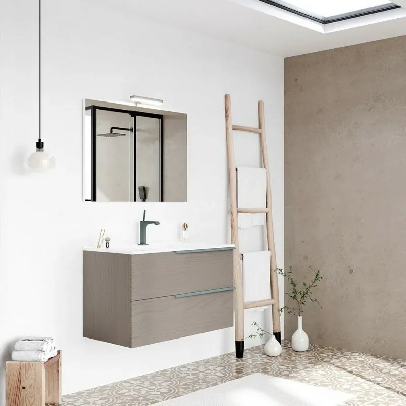 Mobile bagno sospeso 80 fango con lavabo in ceramica e specchio a filo LED Victoria