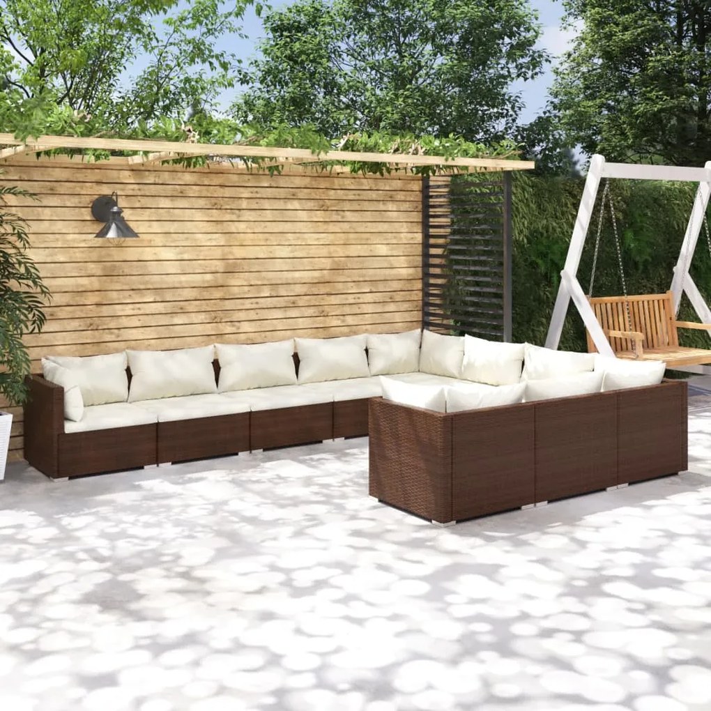 Set Divani da Giardino 10 pz con Cuscini in Polyrattan Marrone