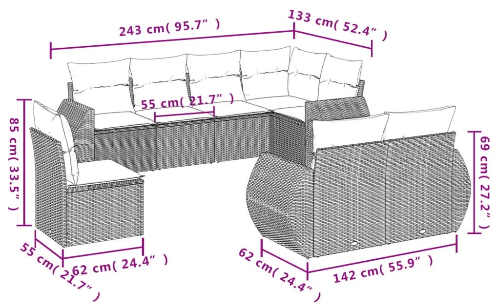 Set Divano da Giardino 8 pz con Cuscini Grigio in Polyrattan